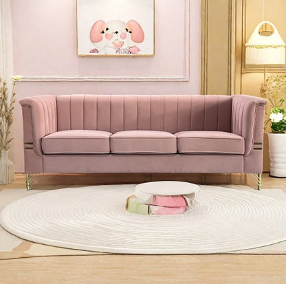 FX-P82-PKSOFAModern Designs Velvet Upholstered Living Room Sofa, 3 Seat Sofa Couch With Golden Metal Legs For Home, Apartment Or Office Pink SOFA