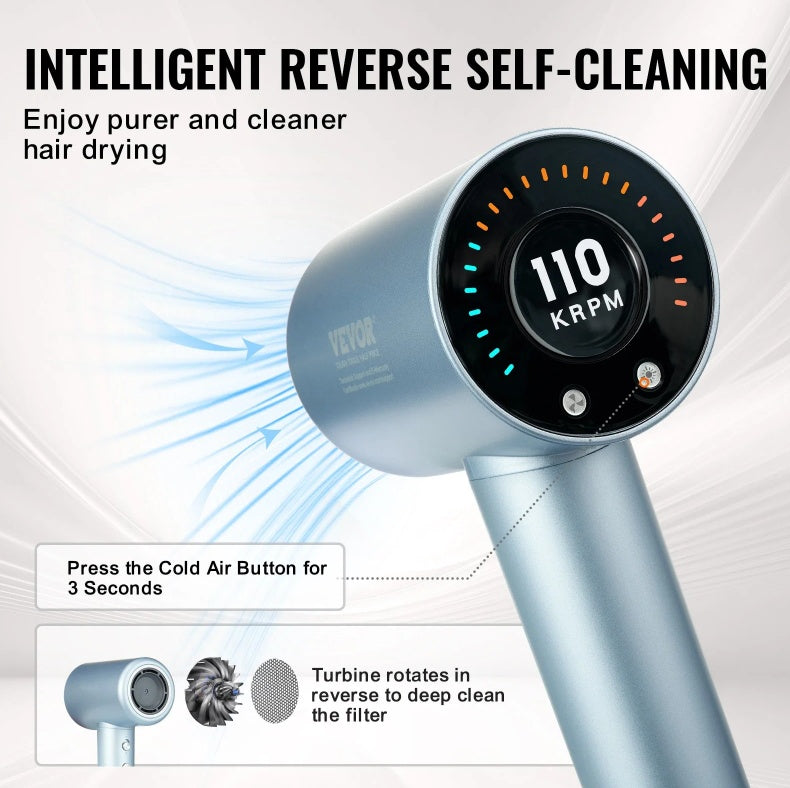 High-Speed Hair Dryer With 105,000RPM Brushless Motor, 200 Million Negative Ions Hair Blow Dryer, 4 Temps & 3 Speeds, LCD Display Thermo-Control Hairdryer With Diffuser & Nozzle For Home Travel