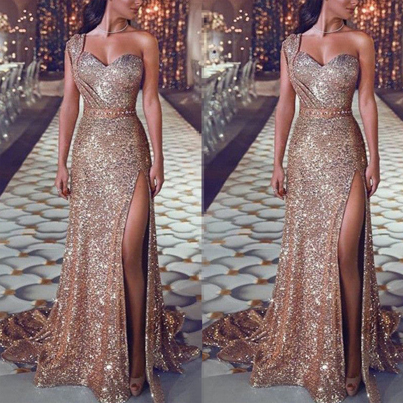 Glamorous One-Shoulder Bronzing Split Dress - Milan Angelina studios