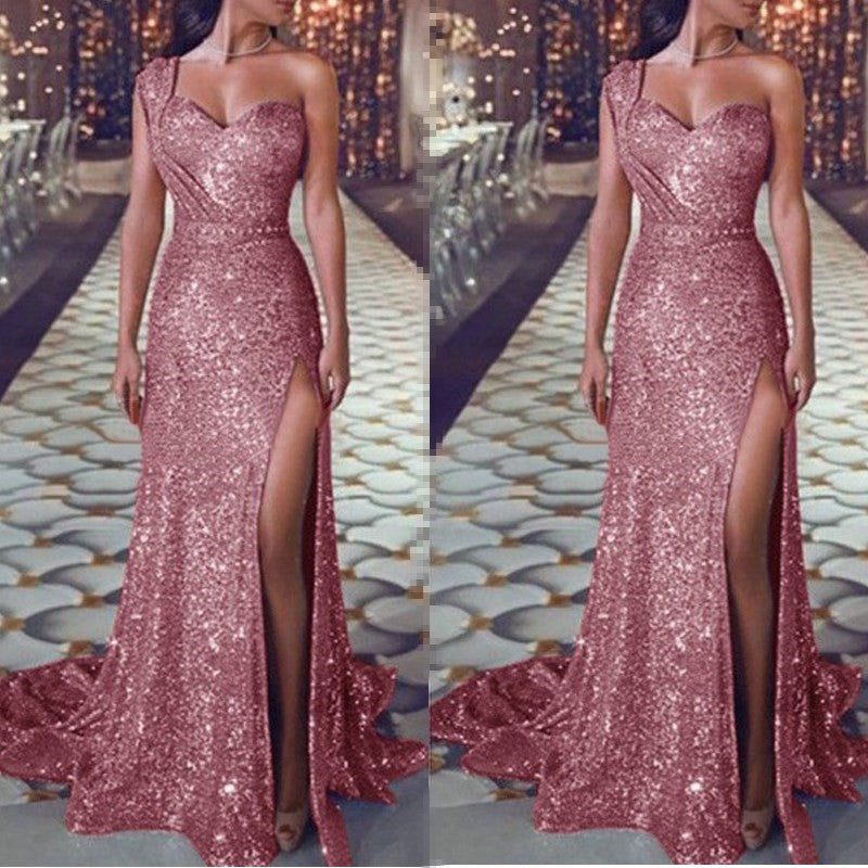 Glamorous One-Shoulder Bronzing Split Dress - Milan Angelina studios