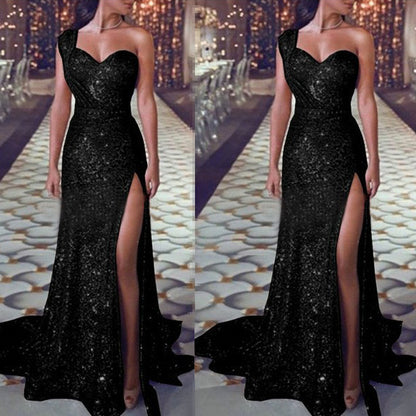 Glamorous One-Shoulder Bronzing Split Dress - Milan Angelina studios