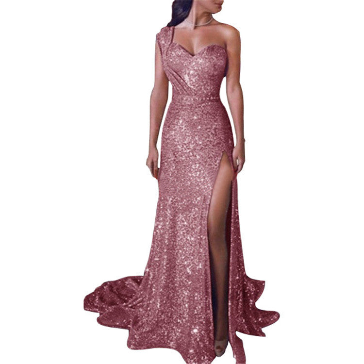 Glamorous One-Shoulder Bronzing Split Dress - Milan Angelina studios