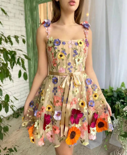 Summer Floral Embroidered A-Line Suspender Dress