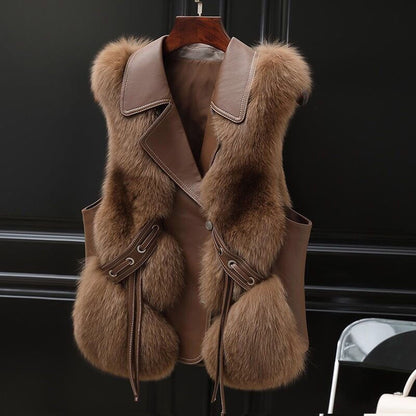 Elegant Patchwork Fox Fur Vest - Women's Winter Short Coat