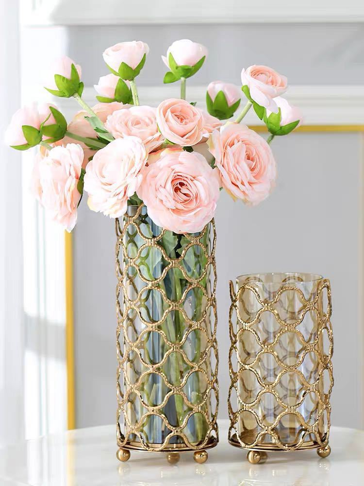 Hollow Out Golden Metal Glass Flower Vase - Milan Angelina studios