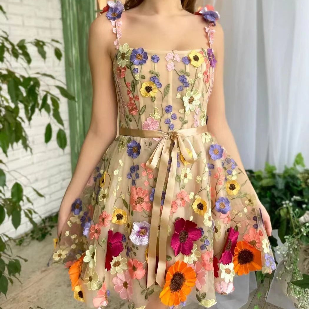 Summer Floral Embroidered A-Line Suspender Dress