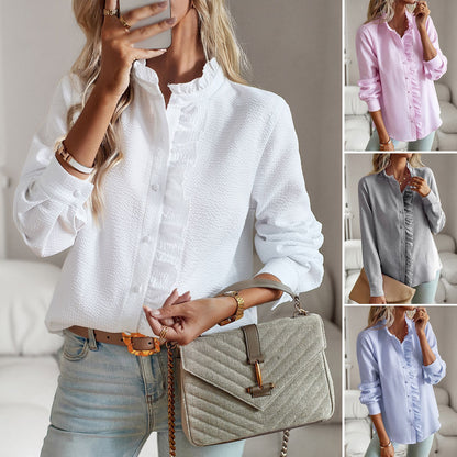 Elegant Striped Ruffle Button-Up Blouse