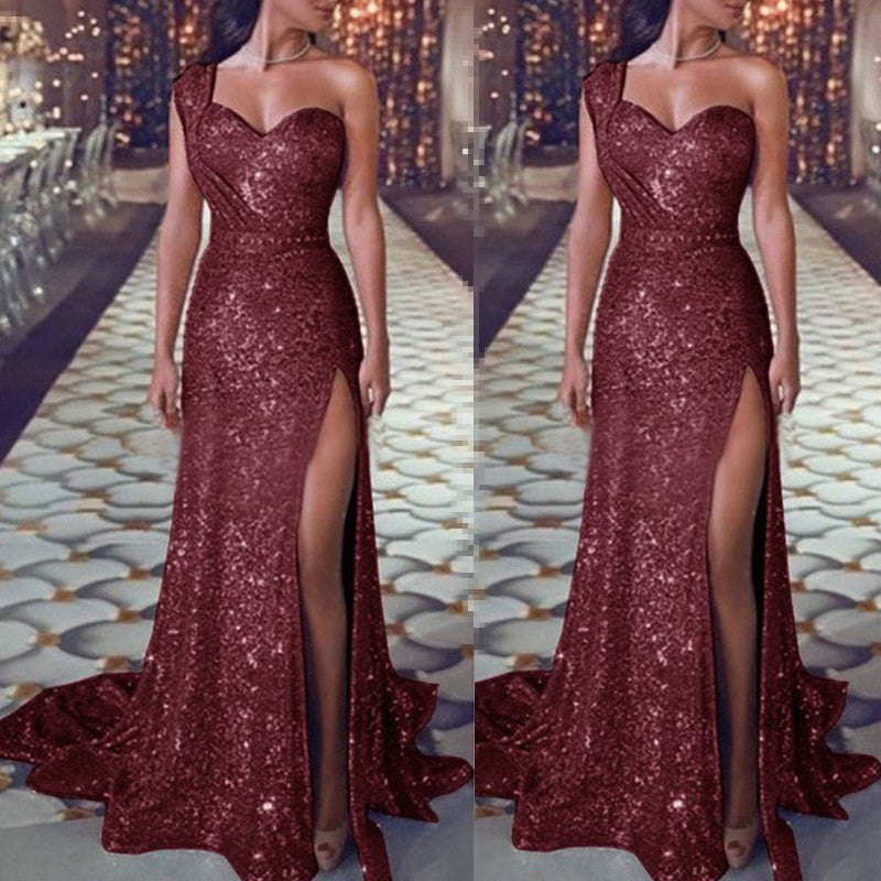 Glamorous One-Shoulder Bronzing Split Dress - Milan Angelina studios