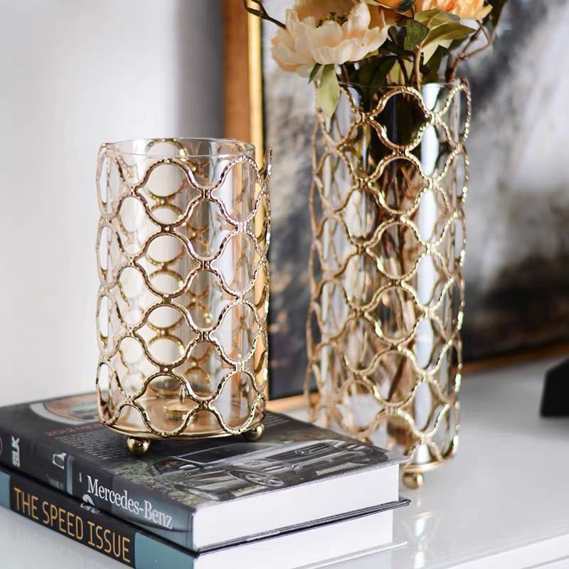 Hollow Out Golden Metal Glass Flower Vase - Milan Angelina studios