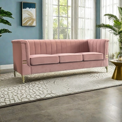 FX-P82-PKSOFAModern Designs Velvet Upholstered Living Room Sofa, 3 Seat Sofa Couch With Golden Metal Legs For Home, Apartment Or Office Pink SOFA