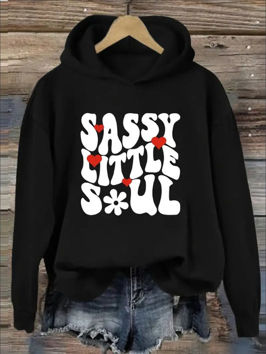 Women'S Casual  Hoodie With Sassy Little Soul Graphic Print - Knit Fabric Hooded Sweatshirt With Rib-Knit Details, Alphabet & Floral Patterns, For Fall Winter