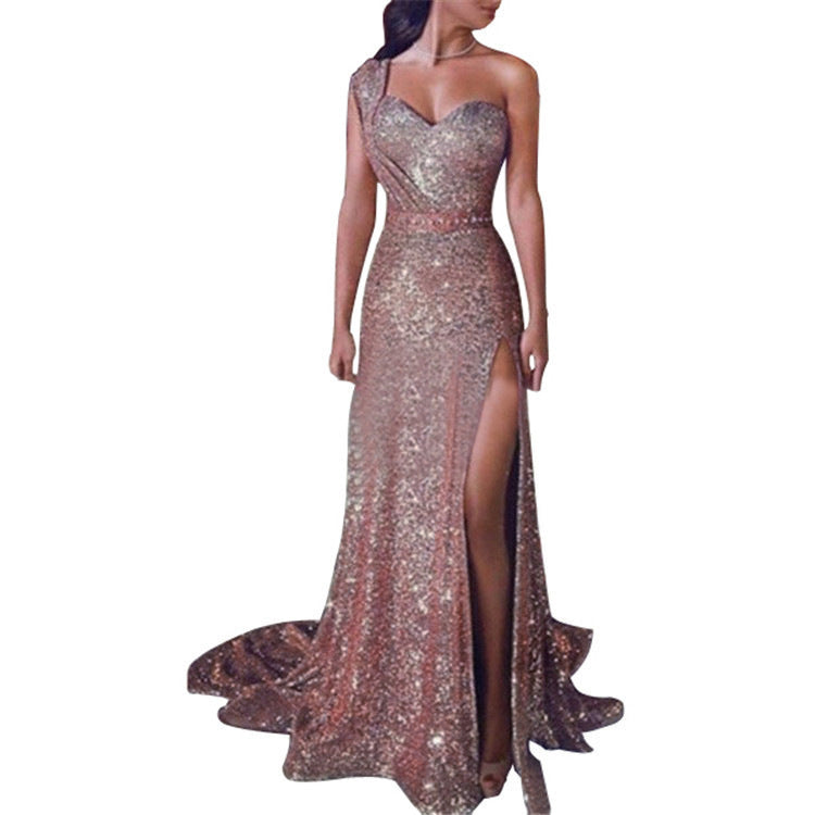 Glamorous One-Shoulder Bronzing Split Dress - Milan Angelina studios