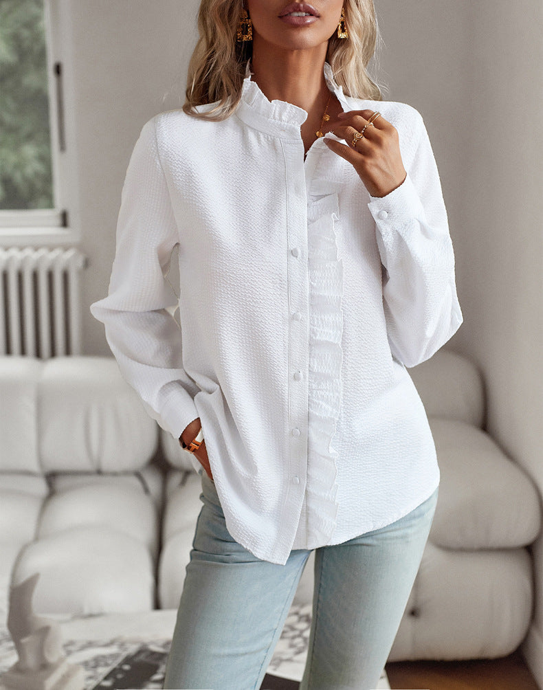 Elegant Striped Ruffle Button-Up Blouse