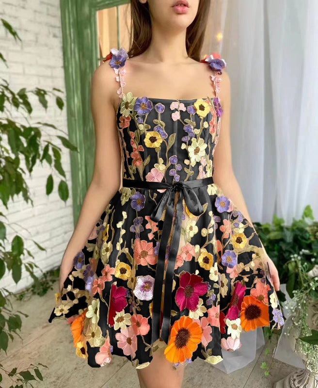 Summer Floral Embroidered A-Line Suspender Dress