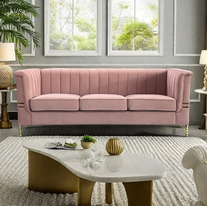 FX-P82-PKSOFAModern Designs Velvet Upholstered Living Room Sofa, 3 Seat Sofa Couch With Golden Metal Legs For Home, Apartment Or Office Pink SOFA