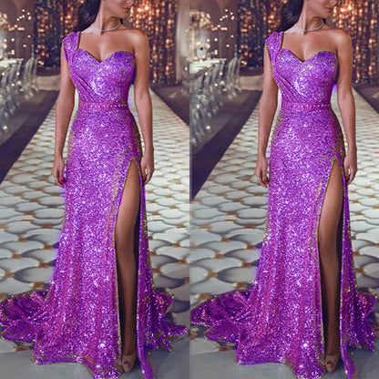 Glamorous One-Shoulder Bronzing Split Dress - Milan Angelina studios