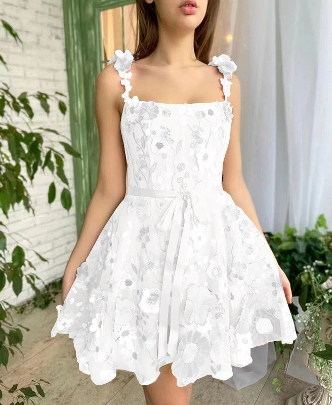 Summer Floral Embroidered A-Line Suspender Dress