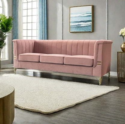 FX-P82-PKSOFAModern Designs Velvet Upholstered Living Room Sofa, 3 Seat Sofa Couch With Golden Metal Legs For Home, Apartment Or Office Pink SOFA