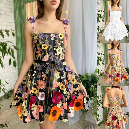 Summer Floral Embroidered A-Line Suspender Dress