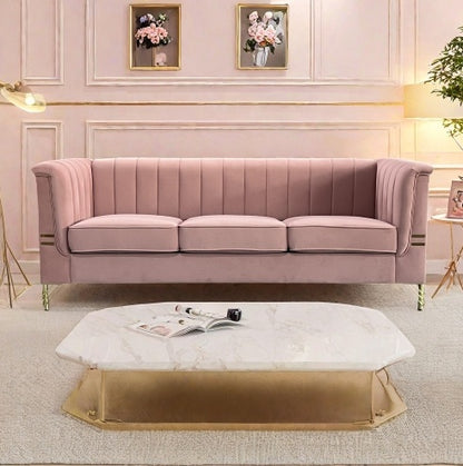 FX-P82-PKSOFAModern Designs Velvet Upholstered Living Room Sofa, 3 Seat Sofa Couch With Golden Metal Legs For Home, Apartment Or Office Pink SOFA