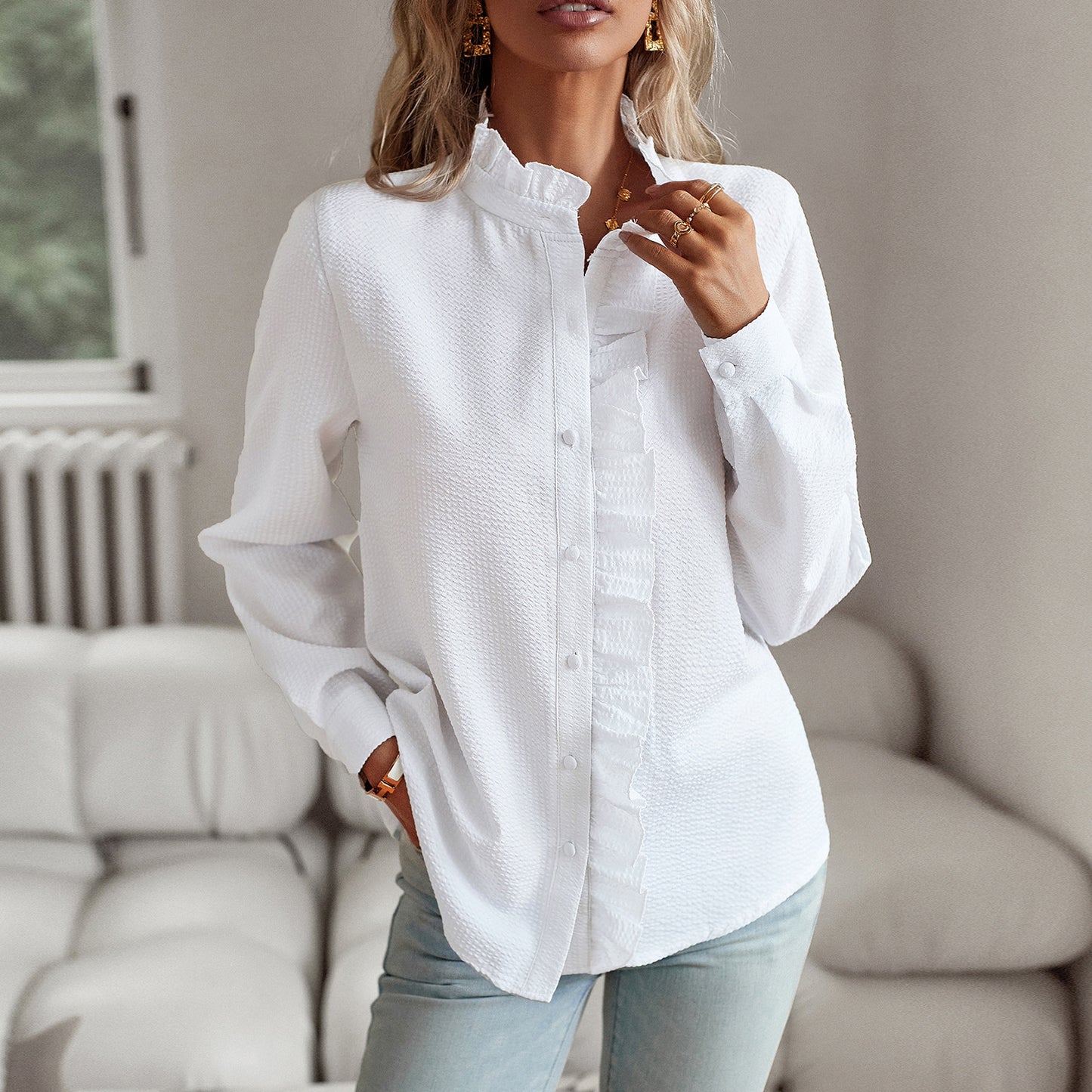 Elegant Striped Ruffle Button-Up Blouse