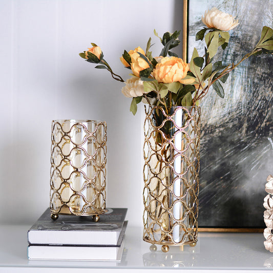 Hollow Out Golden Metal Glass Flower Vase - Milan Angelina studios